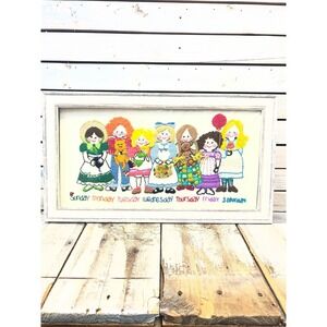 Vintage Days Of Week Embroidery Shadowbox Wall Art Needlepoint Cottagecore Decor